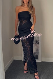 Dulcie Lace and Satin Patchwork Asymmetrical Pleats Bandeau Maxi Dress