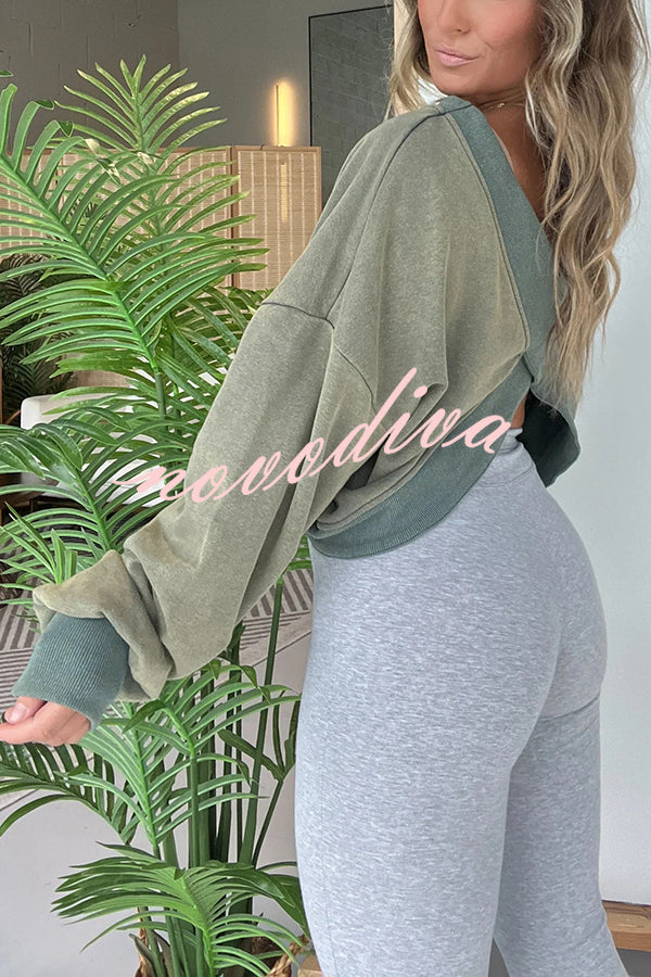 Solid Color V-neck Long-sleeved Loose Casual Sweatshirt