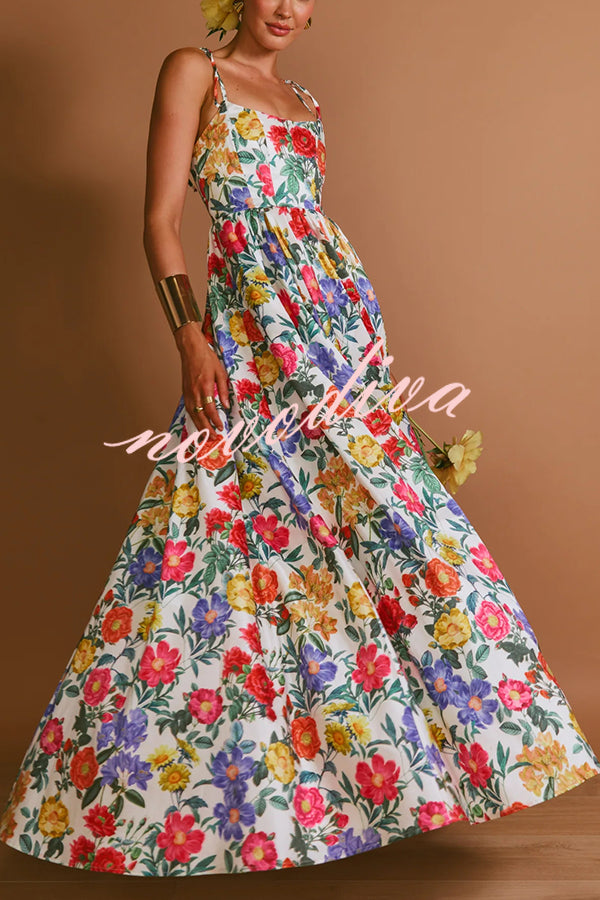 Garden Wedding Floral Print Back Tie-up Pocketed Slit Maxi Dress