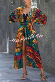 Unique Print Loose Lace Up Holiday Maxi Cover Up