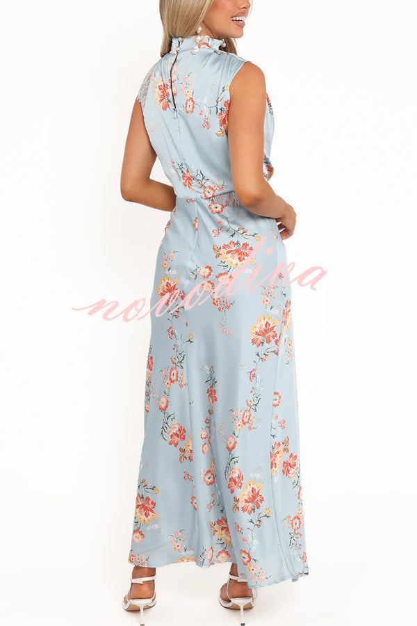 Anabelle Satin Lace Detail Floral Print High Cowl Neck Maxi Dress