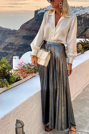 Fashionable Metallic Pleated Back Elastic Waist Maxi Skirt