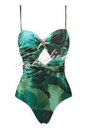 Unique Print Starfish Embellished Cutout Stretch One-piece Swimsuit