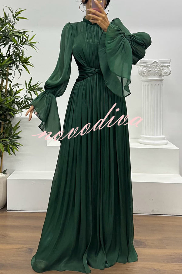 Ellah Shiny Fabric Chinese Stand Collar Twist Waist Balloon Sleeve Maxi Dress