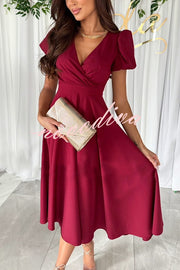 Zayla Solid Color Puff Sleeve V-neck Waist Slim Fit Midi Dress