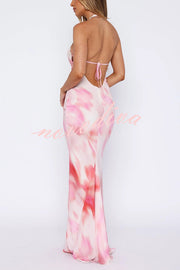 Fashion Printed Halter Neck Backless Lace-Up Sexy Slim Maxi Dress