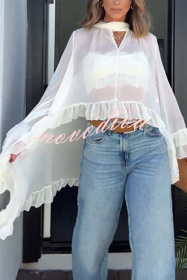 Flowy See-through Ruffle Tie-up Neck Bell Sleeve High-low Hem Cape Shirt