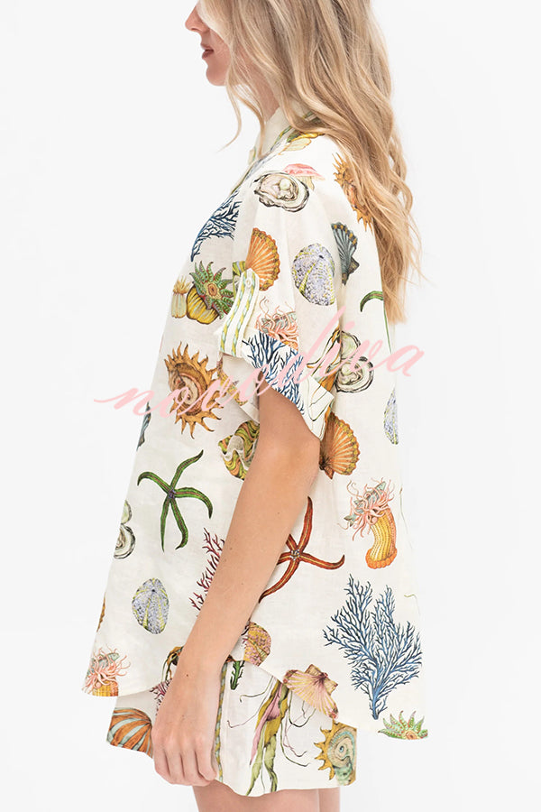 Beach Shell Print Short Sleeve Loose Shirt and Elastic Waist Tie Casual Pocket Shorts Set