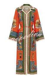 Linen Blend Unique Print Tie-waist Casual Maxi Dress