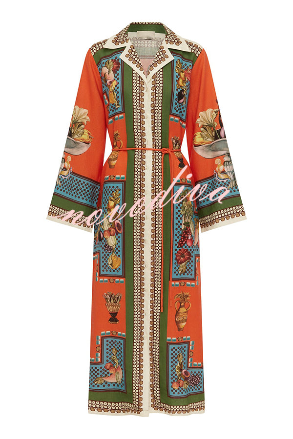 Linen Blend Unique Print Tie-waist Casual Maxi Dress