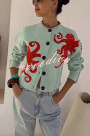 Coastal Fashion Knit Octopus Graphic Contrast Piping Button Up Loose Cardigan