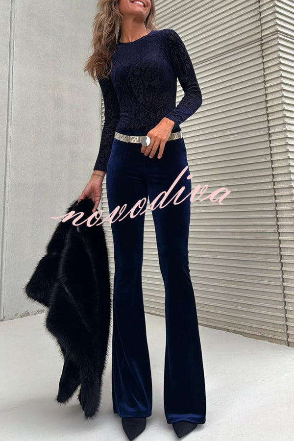 Caty Velvet Mesh Unique Pattern Long Sleeve Stretch Bodysuit