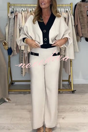 Fashion Contrast Color V-neck Loose Cardigan and Elastic Waist Casual Pants Set