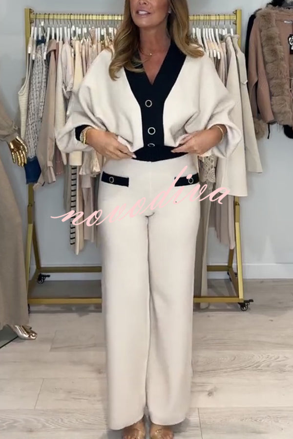 Fashion Contrast Color V-neck Loose Cardigan and Elastic Waist Casual Pants Set