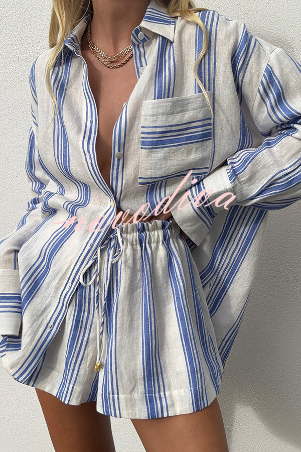 Stripe Print Lapel Long-sleeved Casual Shirt and Elastic Waist Loose Shorts Set