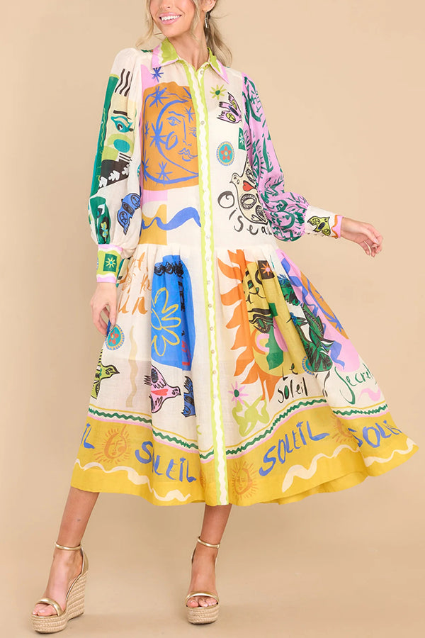 Boldness and Art Unique Print Balloon Sleeve Patchwork Shirt Midi Dress