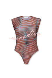 Bella Stretch Mesh Unique Print Bodysuit and High Rise Elastic Waist Maxi Skirt Set