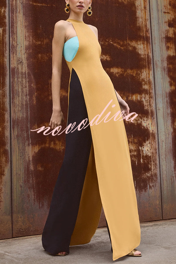 Fashionable Contrast Color Stitching Sleeveless Slim Maxi Dress