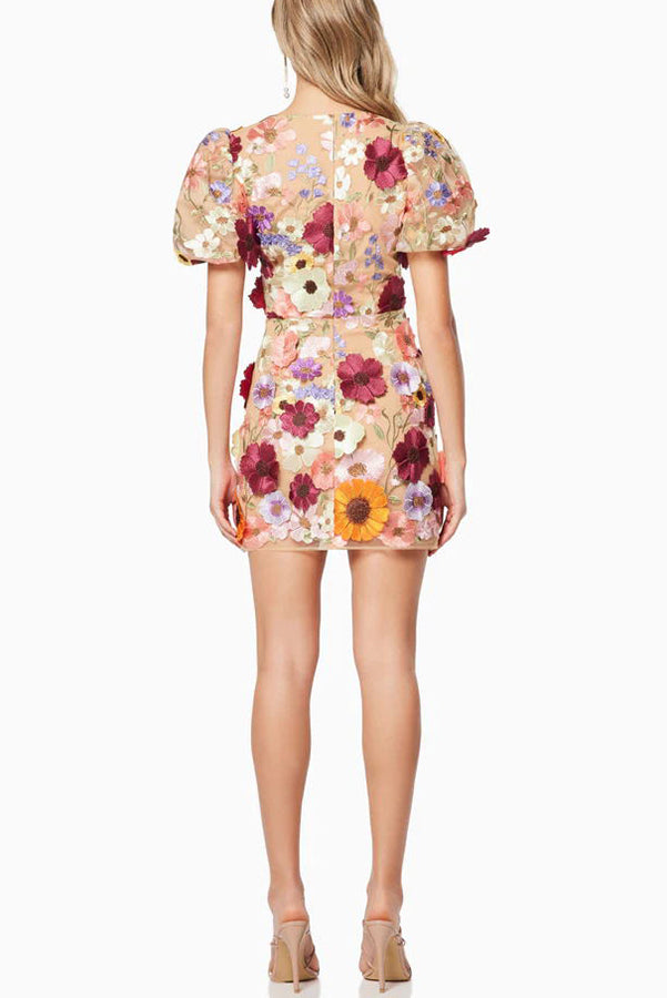 Garden Gala Embroidered Floral Applique Puff Sleeve Mini Dress