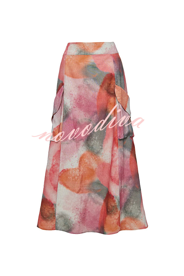 Laylin Wide Sleeve Shirt and Watercolor Print High Waist Drape Pocket Maxi Skirt Set