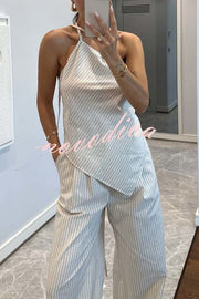 Moriah Striped Thin Strap Halter Neck Scarf Top and Pocketed Wide Leg Pants Set