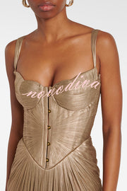 Vegas Queen Metallic Pleated Sculpted Bodice Back Lace-up Drape Maxi Dress