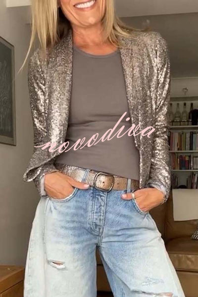 A Shining Day Sequin Long Sleeve Cropped Lapel Jacket