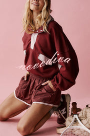 Fashion Contrast Color Stitching Stand Collar Long Sleeve Top and Elastic Waist Loose Pocket Shorts Set