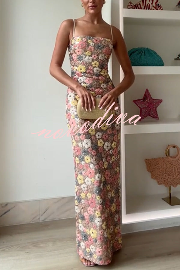 80's Inspired Floral Print Sequin Square Neck Slip Stretch Maxi Dress