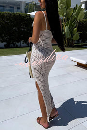 Solid Color V-neck Hollow Beach Knitted Cover-up Midi Dress