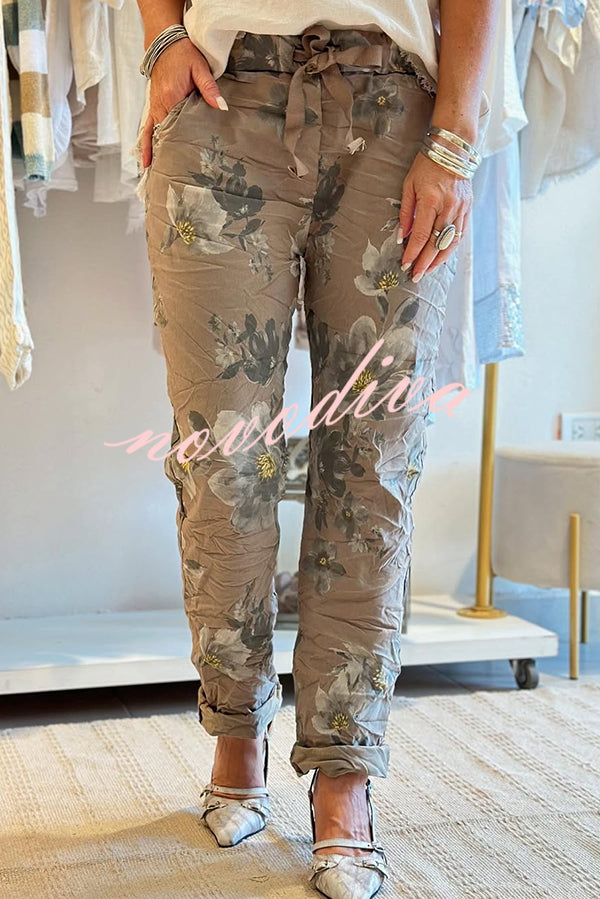 Floral Print Elastic Waist Casual Pocket Pants