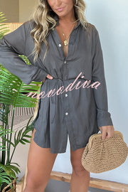 Solid Color Long Sleeve Button Casual Shirt-Style Rompers