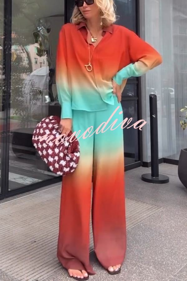 Neon Sunset Gradient Print Long Sleeve High Low Hem Blouse and Elastic Waist Loose Pants Set