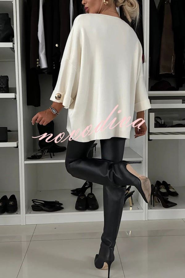 Elegance and Modern Knit Button Detail Half Sleeve Loose Sweater