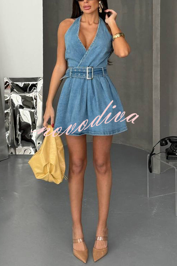 Fashionable Halterneck Open-back Belted Denim Mini Dress