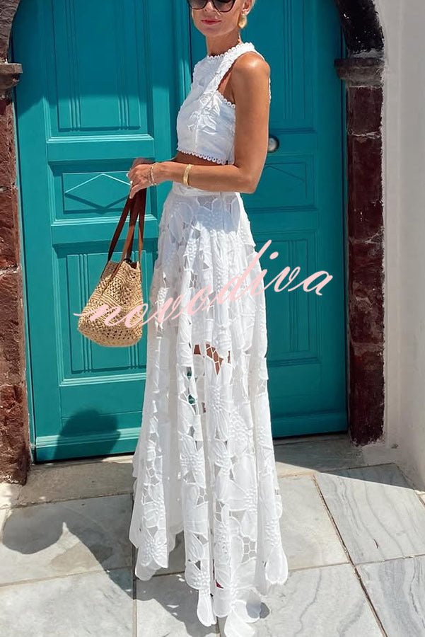 Next Trip Floral Embroidery Crochet Lace Crop Tank Top