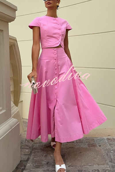 Solid Color Round Neck Button Crop Top and Elegant High Waist Slit Maxi Skirt Set