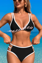 Contrast Color Lace-up Stretch Two-piece Bikini Swimsuit