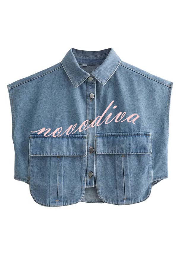 Stylish Weekend Denim Button Up Cape Sleeve Pocket Crop Top
