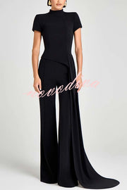 Pippa High Neck Short Sleeve Irregular Drape Hem Top and Elastic Waist Flare Pants Set