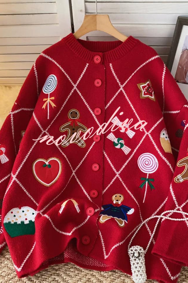 Argyle Candy Gingerbread Man Embroidered Button-knit Cardigan