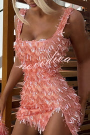 Sexy Square Neck Open Back Sequined Tassel Slim Mini Dress