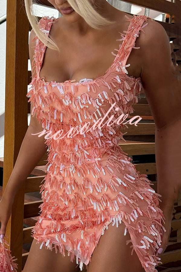Sexy Square Neck Open Back Sequined Tassel Slim Mini Dress