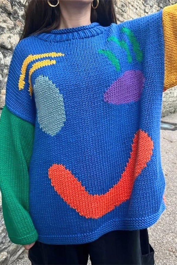 Feel Good Knit Colorful Smiley Face Loose Pullover Sweater