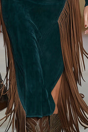 Stylish Slant Collar Long Sleeve Slim Fit Tassel Midi Dress