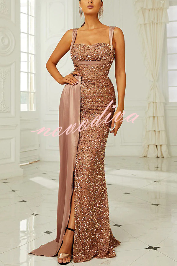 Banquet Sequined Backless Strappy Fishtail Maxi Dress