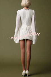 Solid Color Round Neck Lantern Long Sleeve Pleated Casual Mini Dress