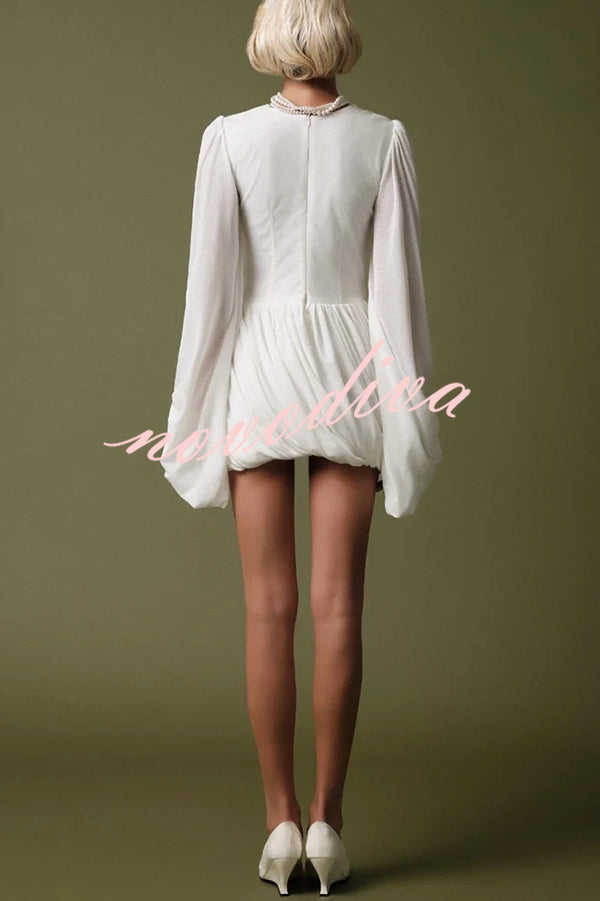Solid Color Round Neck Lantern Long Sleeve Pleated Casual Mini Dress