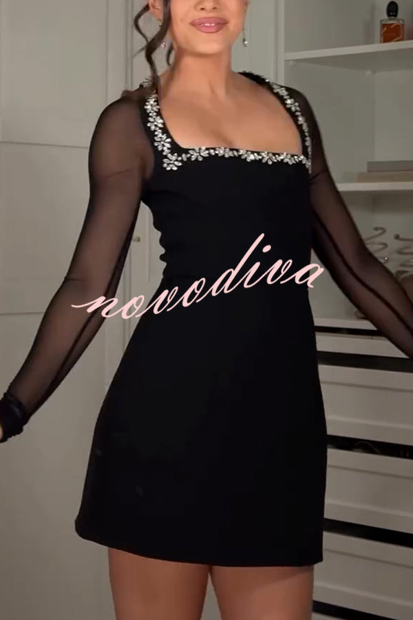 Emmey Jewel Embellished Trim Square-Neck Mesh Long Sleeve Mini Dress