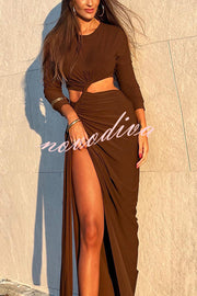 Solid Color Round Neck Long Sleeve Sexy Exposed Waist Slit Maxi Dress